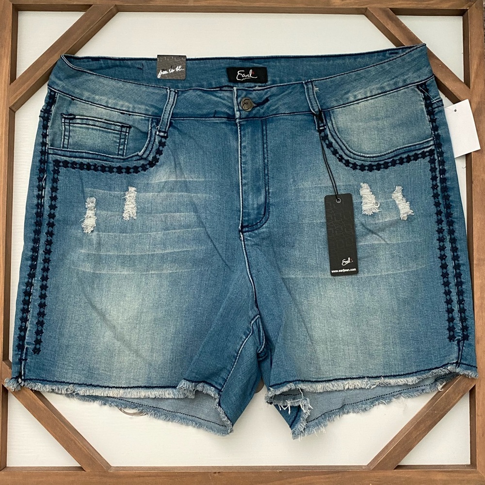 Earl Jean Embroidered Distressed Jean Shorts